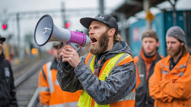 Railway Workers Protesting Beside Train Tracks