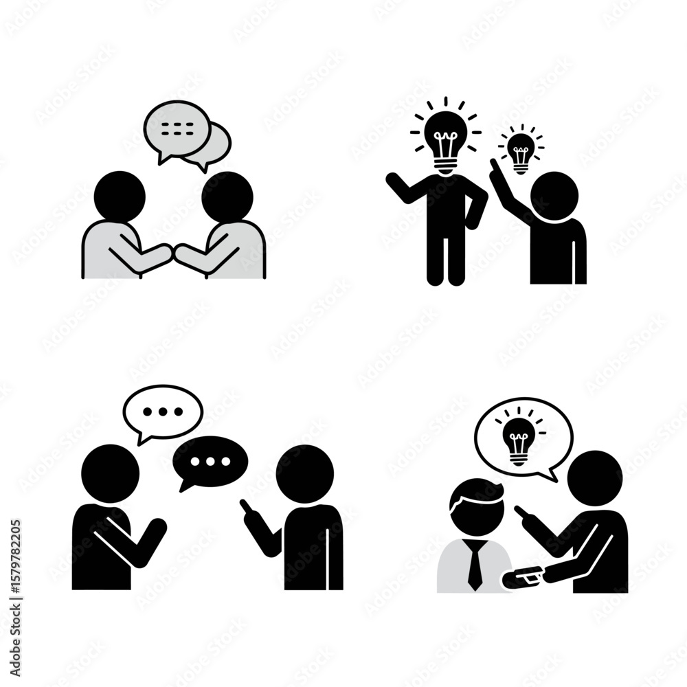 Poster visual representation of human interaction, featuring dialogue bubbles and lightbulb symbols to conv