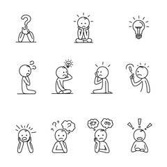 Collection of stick figure icons illustrating diverse human emotions, confusion, thinking, and eureka moments, presented in a simple graphic style.