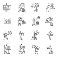 Fototapeta premium A collection of outline icons depicting various business activities, including presentations, reading, studying, and working on computers, set against a clean white background.