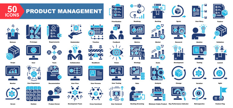 Product Management icon collection set.Prioritization,Roadmap,Backlog,Sprint,User Story,Feature,Release.Simple vector illustration.