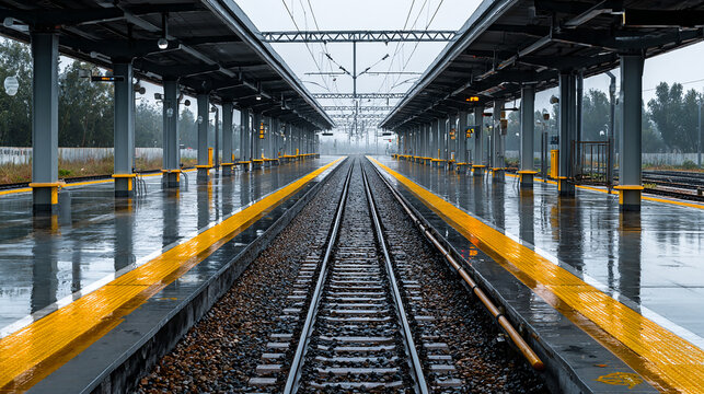 Empty Railway Platform with Yellow Safety Lines