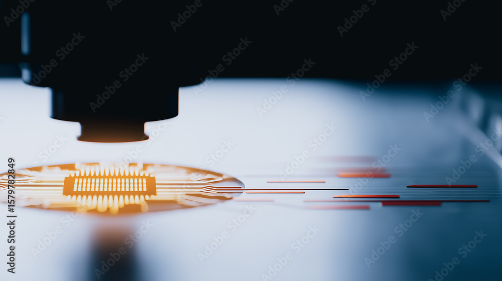 Poster tech precision: the image captures a microscopic view of a circuit board or semiconductor wafer, whe