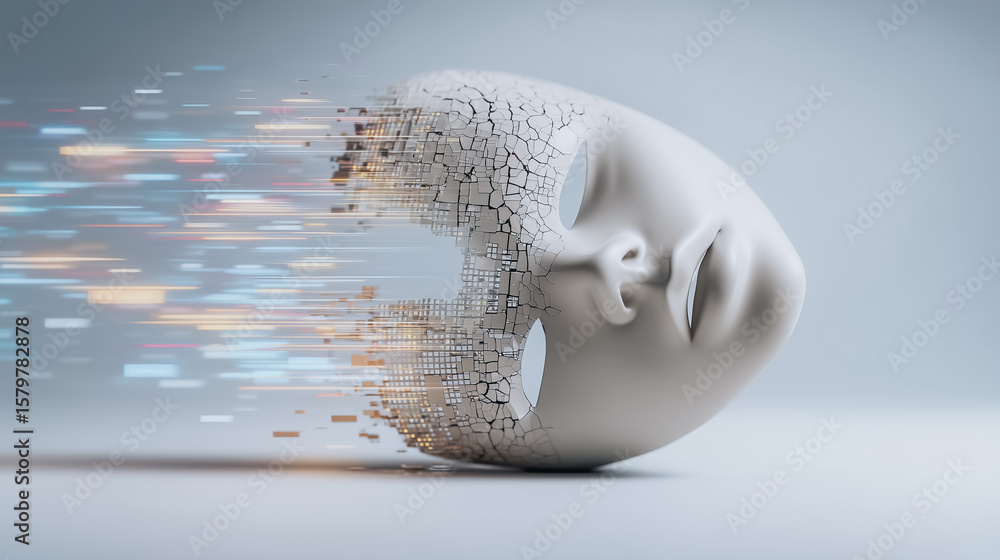 Aufkleber digital disintegration: a surreal and thought-provoking image of a white face sculpture dissolving i