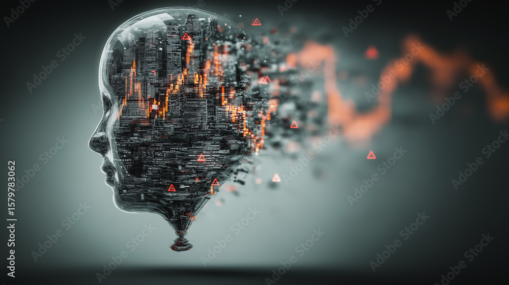 Poster digital mind disintegrating: a 3d rendering of a human head dissolving into data streams and fragmen