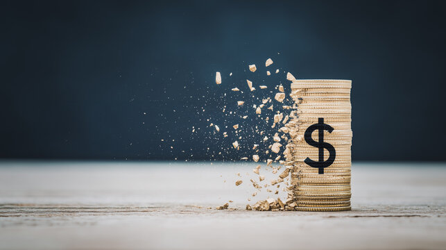 Financial Erosion: A striking visual metaphor captures the concept of financial instability, with a stack of currency symbol slowly crumbling away, representing the erosion of wealth and value.