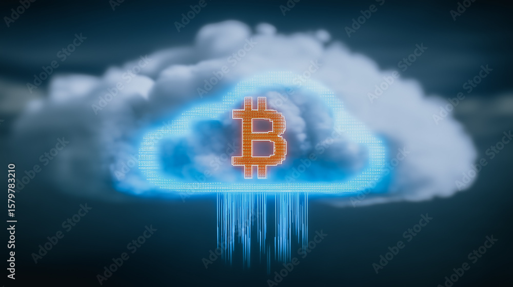 Poster digital bitcoin cloud: a captivating digital illustration depicting a bitcoin symbol enveloped withi