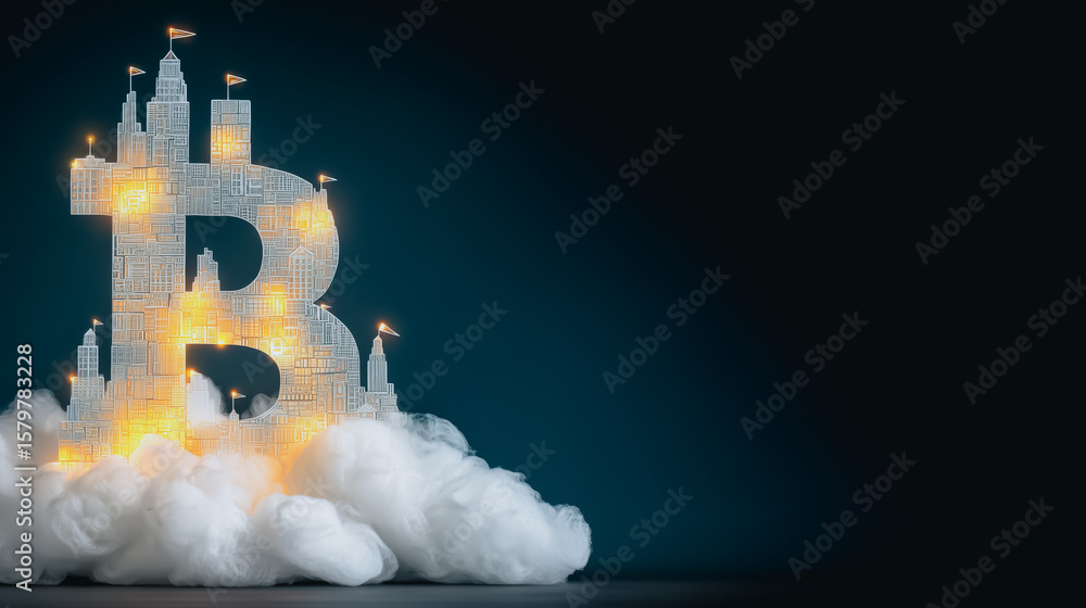 Poster bitcoin fortress in the clouds: a symbolic representation of a digital castle formed in the shape of