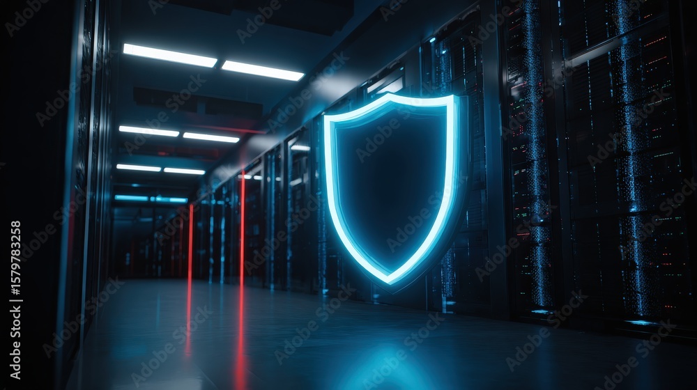 Poster a futuristic data center corridor with a glowing blue shield symbolizing cybersecurity and digital p