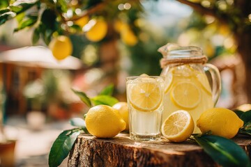 Glass of refreshing homemade lemonade with lemons and pitcher on wooden surface in a garden setting