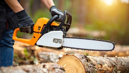 Woodcutter operates a chainsaw at a sawmill, cutting through a large tree trunk - capturing raw power, precision, and the rugged essence of traditional woodcutting and forestry work