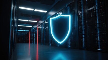 A futuristic data center corridor with a glowing blue shield symbolizing cybersecurity and digital protection.