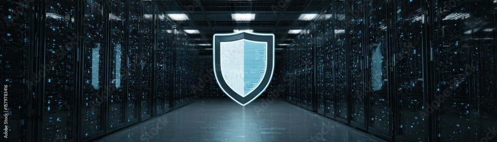Aufkleber a futuristic server room with glowing racks and a digital shield icon symbolizing cybersecurity and 
