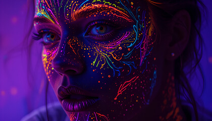 An alluring portrait showcases a woman adorned with vibrant, colorful neon body paint designs under a mesmerizing ultraviolet glow.