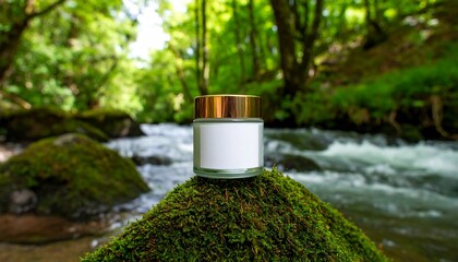 Transparent glass moisturizer jar with label design on a mossy stone beside a clear flowing river in green forest, eco-friendly skincare branding or nature-inspired product campaigns