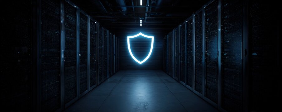 A glowing shield icon representing cybersecurity is displayed in a dark server room with rows of servers on both sides.