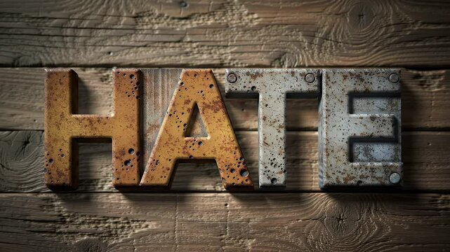 Rusted Metallic Hate Text on Weathered Wood Surface in High Angle and Dark Lighting