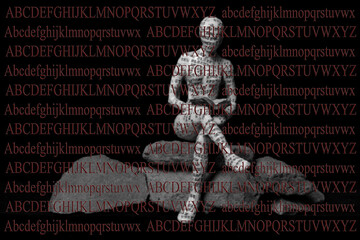 Small figurines covered in letters reading books