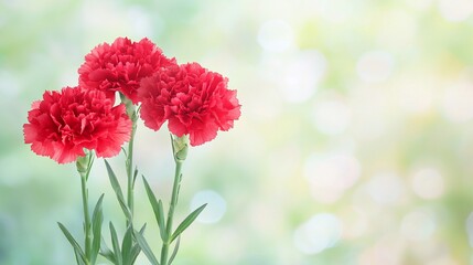 Three vibrant red carnations against a soft, bokeh-filled, light green background.