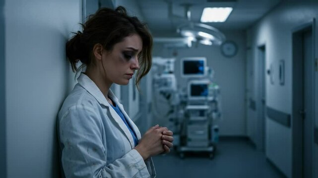 Exhausted and traumatized female doctor experiencing burnout. A sad young woman in a dirty lab coat stands in a hospital corridor after a difficult shift.