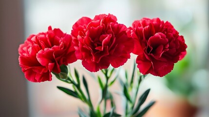 Three vibrant red carnations in soft focus against a blurred background