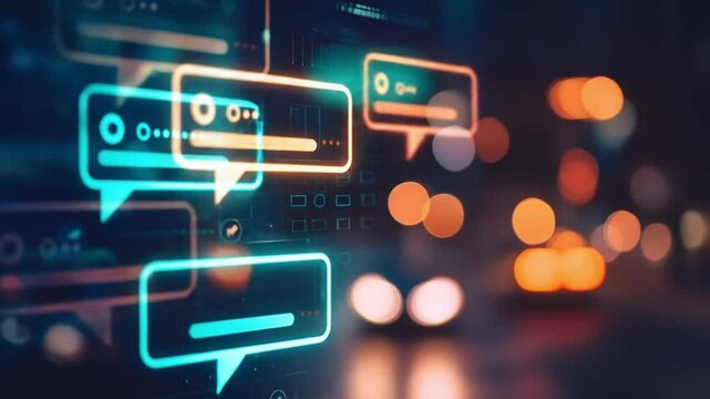 In the heart of a bustling urban scene, neon speech bubbles float, illuminating the night with the promise of digital communication. The image captures the essence of modern networking.