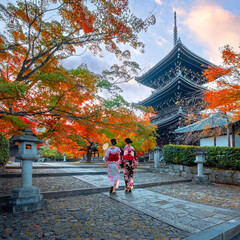 Japanese Woman in Traditional Kimono Dress at Shinnyodo or Shinshogokurakuji temple with beautiful autumn scenario in Kyoto, Japan