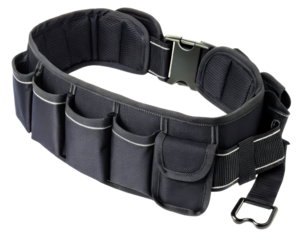 Professional black fabric tool belt with many pockets on a transparent background