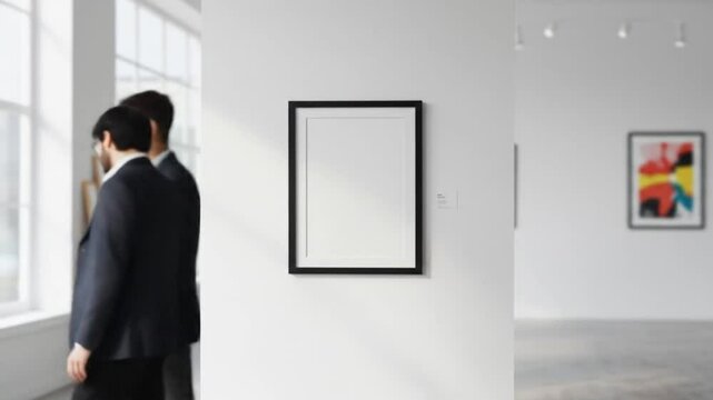 Woman with arms crossed looking at blank framed artwork in a gallery with another person present