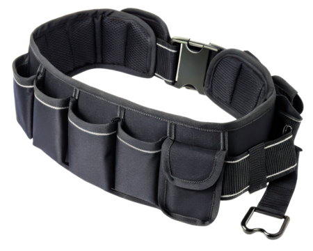 Professional black fabric tool belt with many pockets on a transparent background