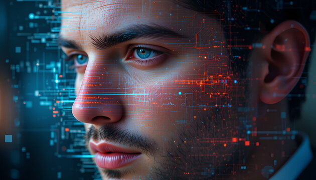 Futuristic portrait of a man with digital overlays creates a high tech and modern artificial intelligence aesthetic focused on innovation.
