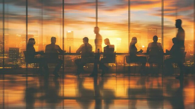 Strategic Meeting at Sunset: Silhouetted business people convene for a strategic meeting against a breathtaking sunset cityscape backdrop. The image embodies collaboration, vision, and ambition.