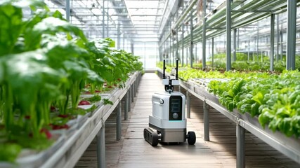 Innovative robot assisting with plant care in a modern greenhouse during daylight hours - Powered by Adobe