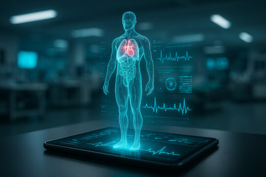 AI generated futuristic visualization of a glowing human body hologram emerging from a smart device with highlighted heart and lungs in a high tech medical lab