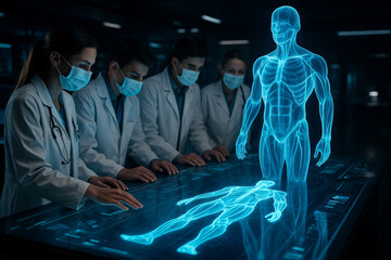 AI generated medical experts analyzing digital human body hologram on a futuristic table in a high tech lab illuminated by blue neon light