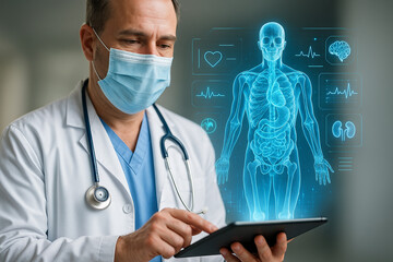 AI generated doctor using digital tablet to analyze human body hologram with medical data icons in futuristic healthcare environment