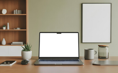Laptop screen mockup displays workspace elements with a bookshelf, succulents, and framed blank canvas art creating a cozy work from home aesthetic.
