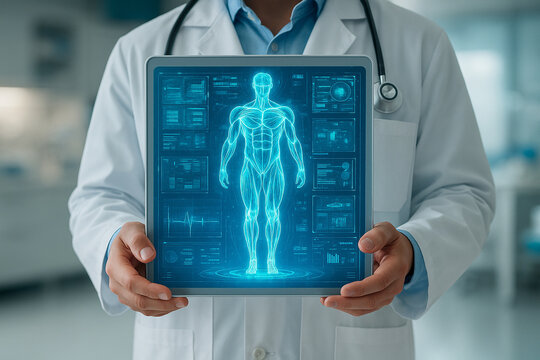 AI generated doctor holding digital display showing glowing holographic human anatomy with data panels and health metrics in futuristic medical environment with clean background