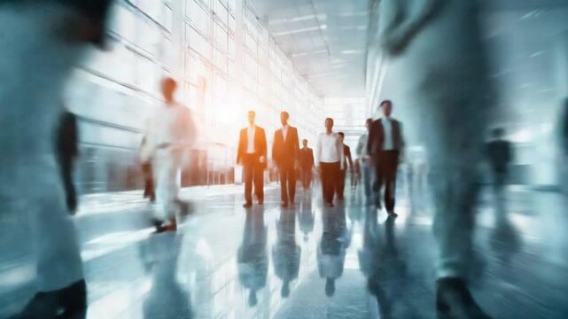 Corporate Walkway: A blur of focused business professionals navigating a sleek, modern corridor. Reflections create dynamic movement and illustrate the fast pace of the professional world.