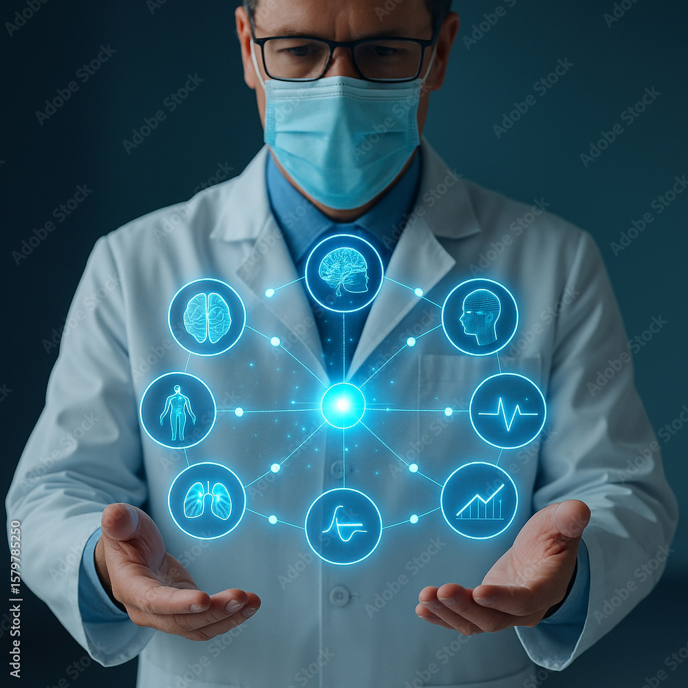 Poster ai generated image of a doctor in lab coat interacting with floating holographic medical data icons 
