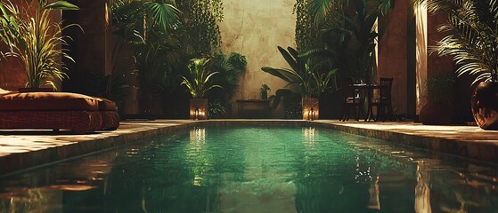 Tranquil Poolside Oasis: Lush Greenery, Candlelight, and Relaxing Ambiance.