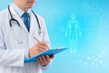 AI generated male doctor writing on blue clipboard with digital holographic human anatomy and glowing interface elements in futuristic medical environment with clean blue tone