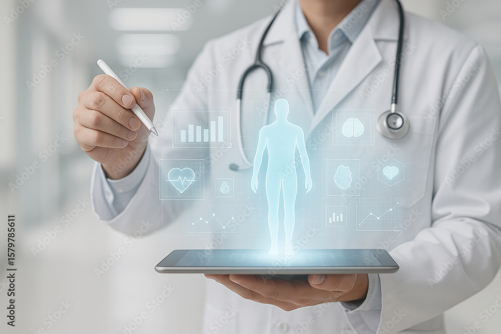 Aufkleber ai generated futuristic doctor controlling digital data interface using holographic medical visualiz