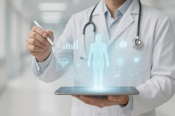 AI generated futuristic doctor controlling digital data interface using holographic medical visualization in a clean high tech clinical environment