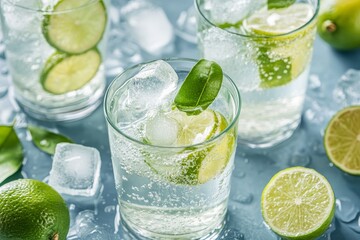 Fototapeta premium Chilled sparkling lime water with ice cubes for a revitalizing beverage experience