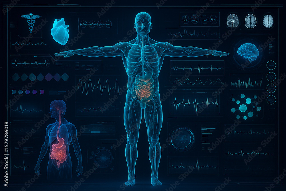Poster ai generated transparent male body in t pose with medical data panels brain scans heart rhythm and m