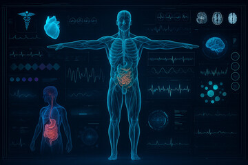 AI generated transparent male body in T pose with medical data panels brain scans heart rhythm and molecular diagnostics in sci fi interface environment