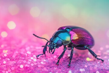 Naklejka premium Stunning pink iridescent beetle glistening beautifully on a vibrant glittery background