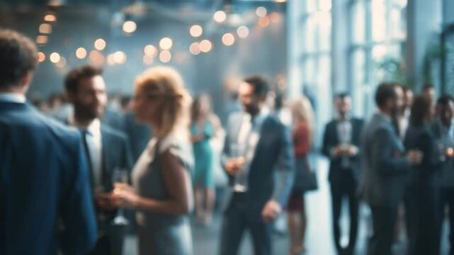 Elegant Gathering: A blurred image of an elegant gathering. The scene is filled with people dressed in formal attire, socializing in a stylish setting. capturing the essence of social networking.