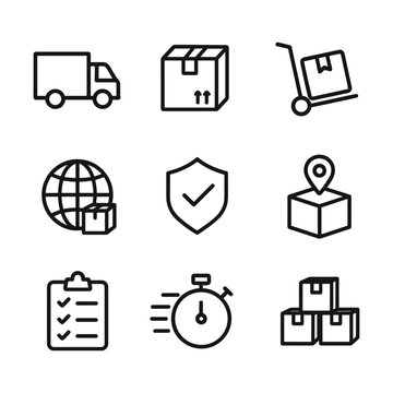 Cargo warehouse logistics icons collection. Outline symbols. Line design